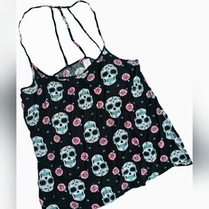 🟨 No Boundaries Black Sugar Skull Floral Print Strappy Back Tank XSmall & Small